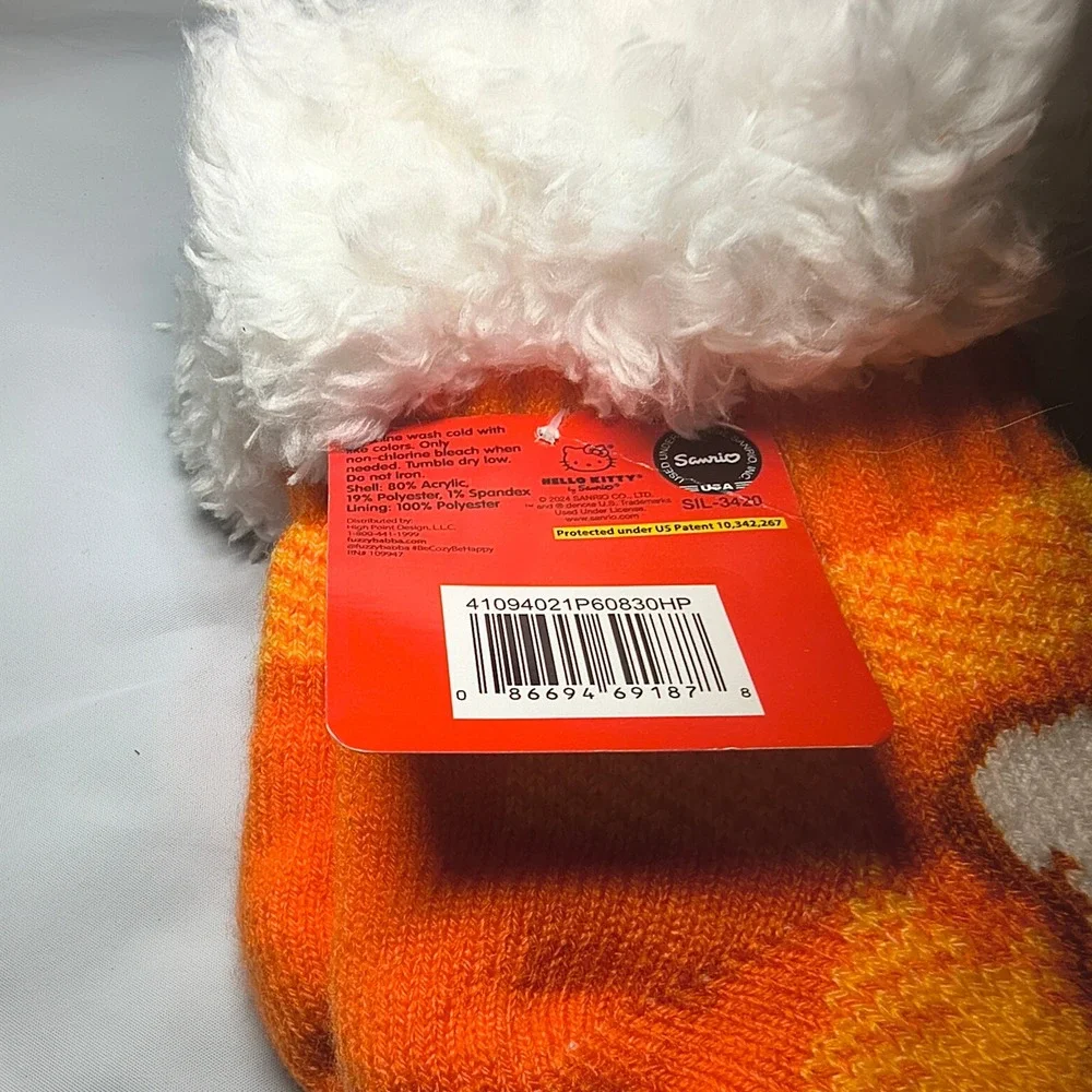 Sanrio Hello Kitty Orange Plaid Faux Fur Lined Slipper Socks Non-Slip Size 4-10
